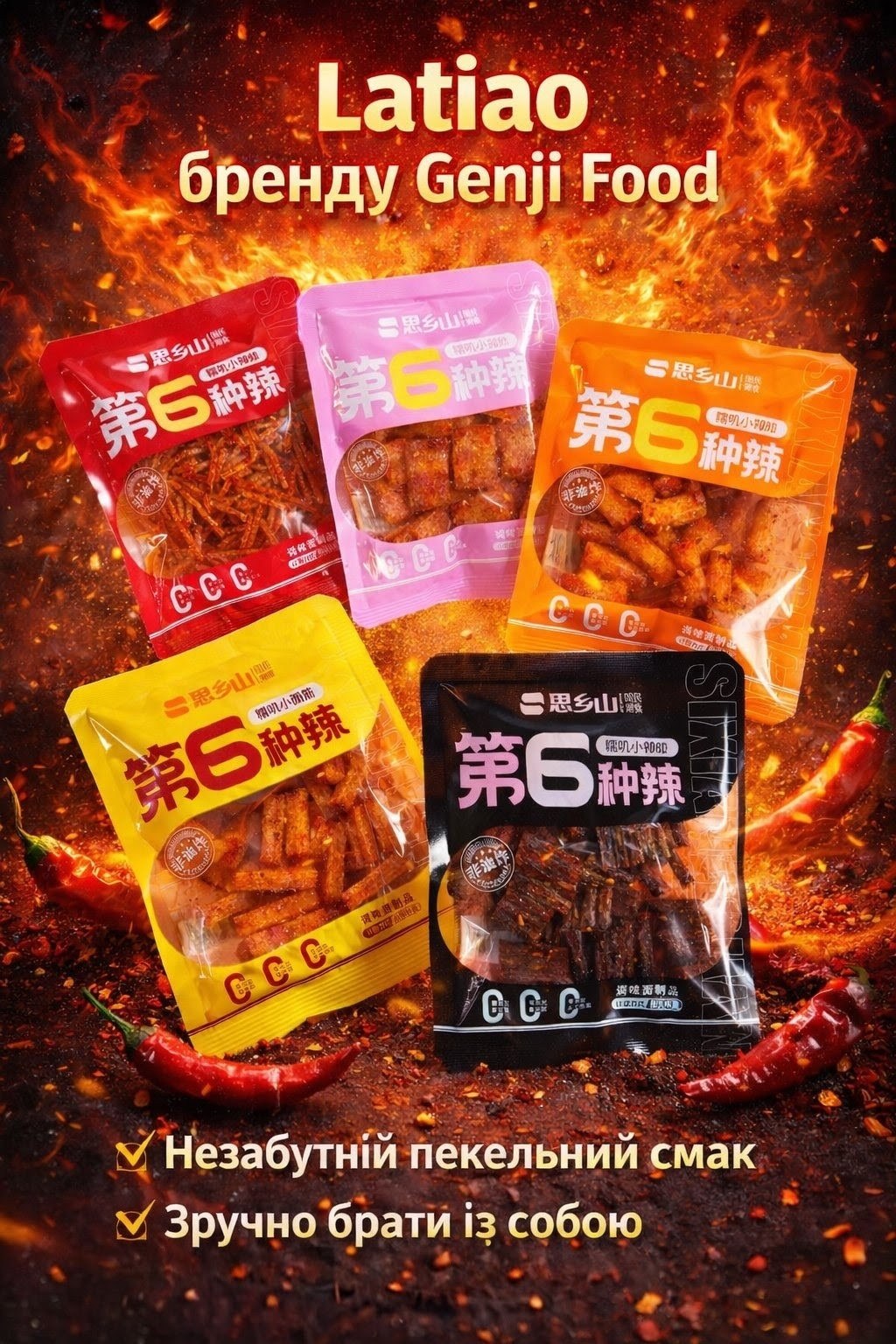 Latiao Genji Food — гострі китайські снеки латяо, асорті 5 смаків